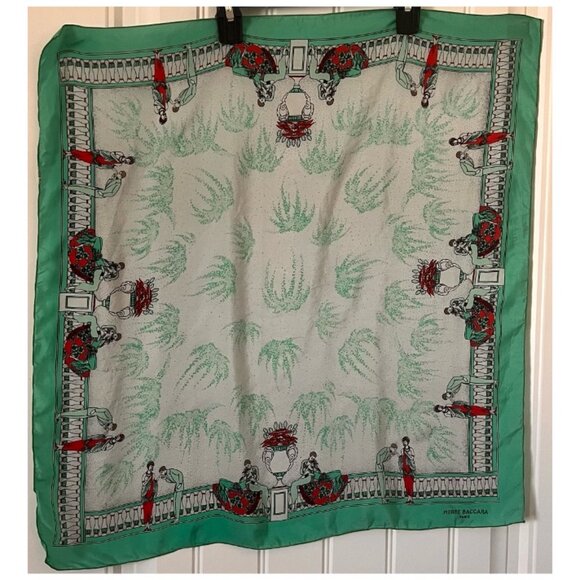 Vintage Pierre Baccara Paris Silk Scarf Hand Rolled Mint Green 1970s Figurative - Picture 3 of 10